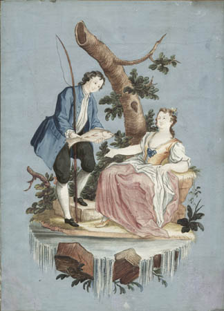324x450 Fine Art, Fishing Couple, English Antique Watercolor, 18th Century