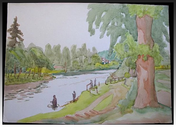 740x534 Vintage 1930s Large English Watercolor Painting Men Fishing In