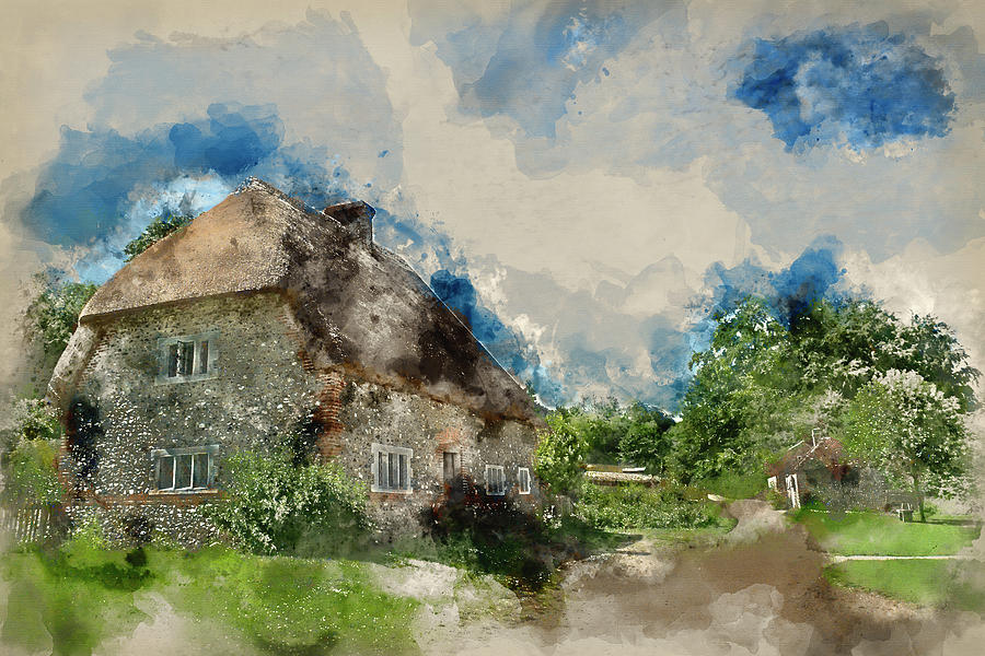900x600 Watercolor Painting Of Old English Village Cottage In Countrysid