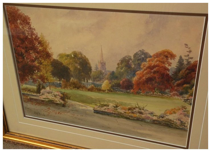 740x535 Antique English Watercolor Autumn Landscape Painting Of Scene In