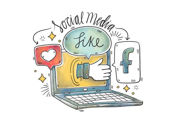 700x490 Watercolor Illustration Of Laptop, Facebook, Speech Bubble And