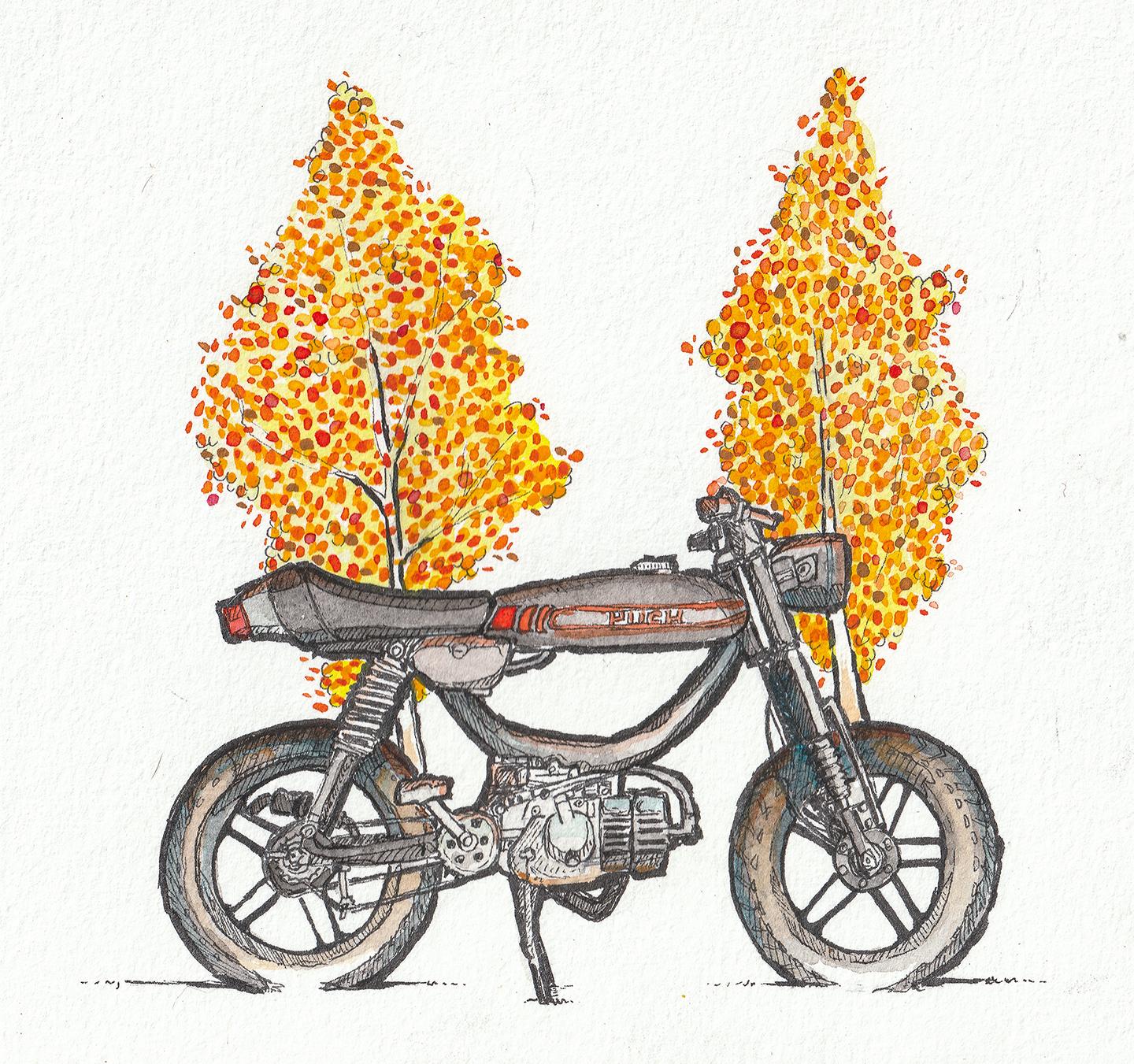 1440x1351 Weekend Painting. Puch Cobra And Fall Colors Watercolor