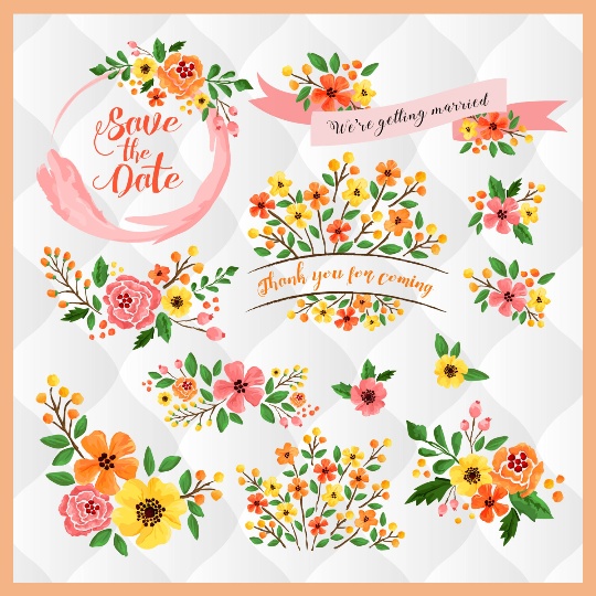 540x540 Fall Watercolor Floral Elements, Pink Orange Yellow Fl