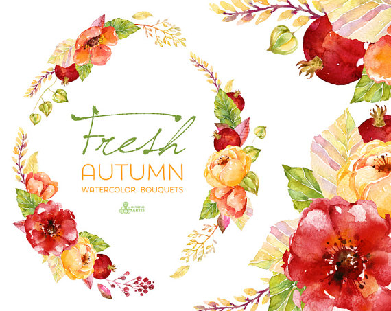 570x453 Fresh Autumn Bouquets Amp Wreath. Handpainted Watercolor Clipart