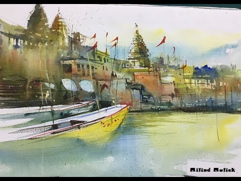 480x360 Watercolor Painting Landscape Of Varanasi Ghat By World Famous
