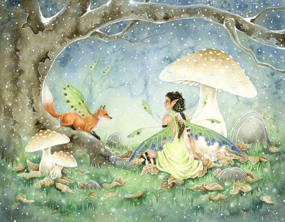 570x444 Fairy Art Watercolor Print A Spring Snow Fox. Fantasy Art. Etsy