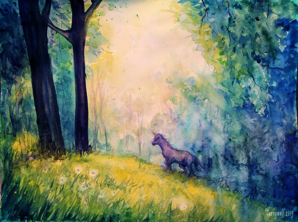 1000x747 Fantasy Forest Unicorn Watercolour