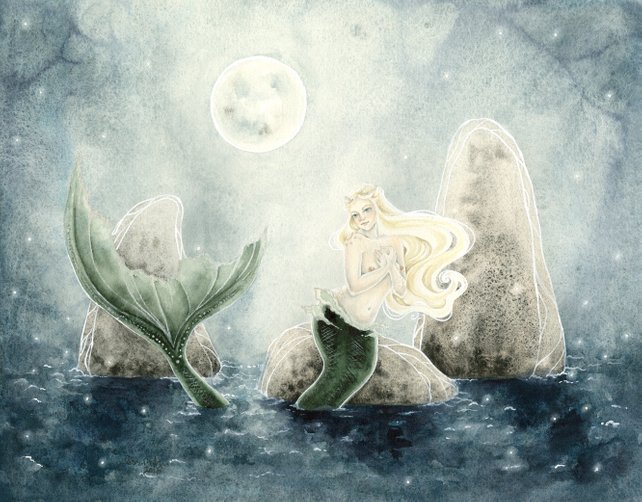 642x502 Mermaid Art Watercolor Print Moonlit Siren Fantasy Art. Etsy