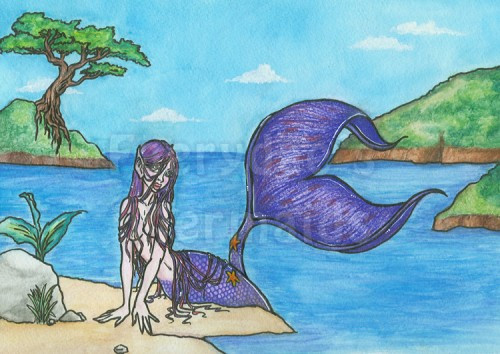 500x354 Mermaid Art Fantasy Big Eye Art 8x10 Watercolor Painting Lowbrow