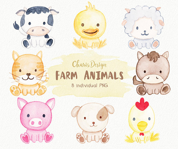 570x475 Farm Animal Illustration Watercolor Baby Dog Cat Sheep Horse Pig