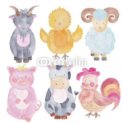 400x400 Farm Animals Watercolor Hand Painted Illustrations Set Isolated On
