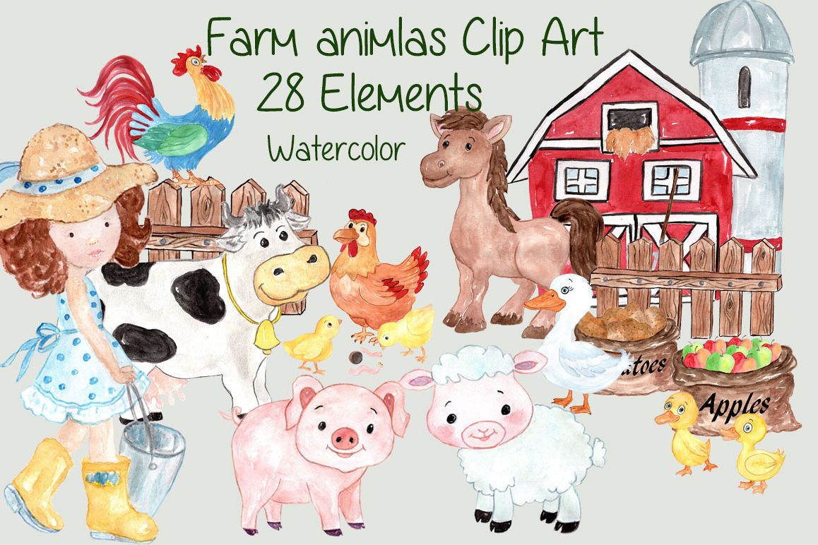 1158x772 Watercolor Farm Animals Clipart