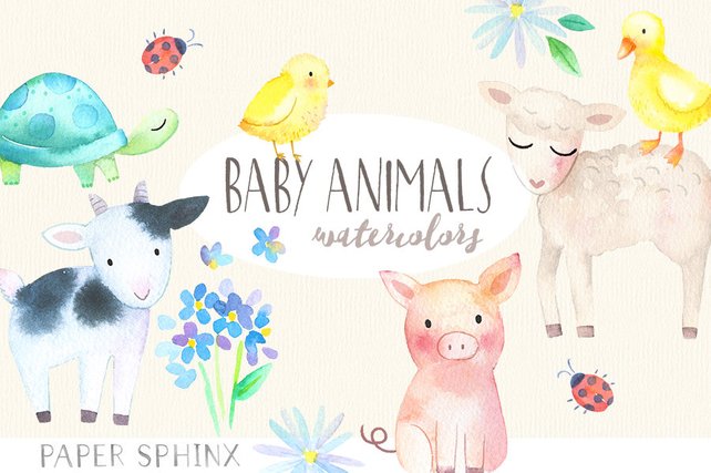 642x427 Baby Animals Watercolor Clipart Springtime Farm Animals Etsy