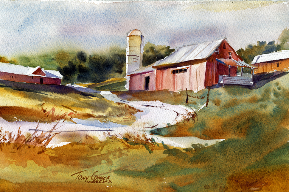 970x647 Farm Original Watercolor Landscape Painting Vermont Watercolor