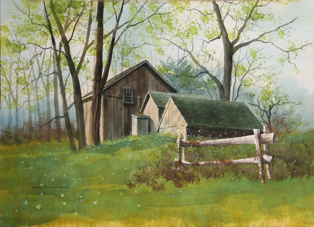 640x464 James Feriola, Spring Farm, Watercolor Painting In Black Ink