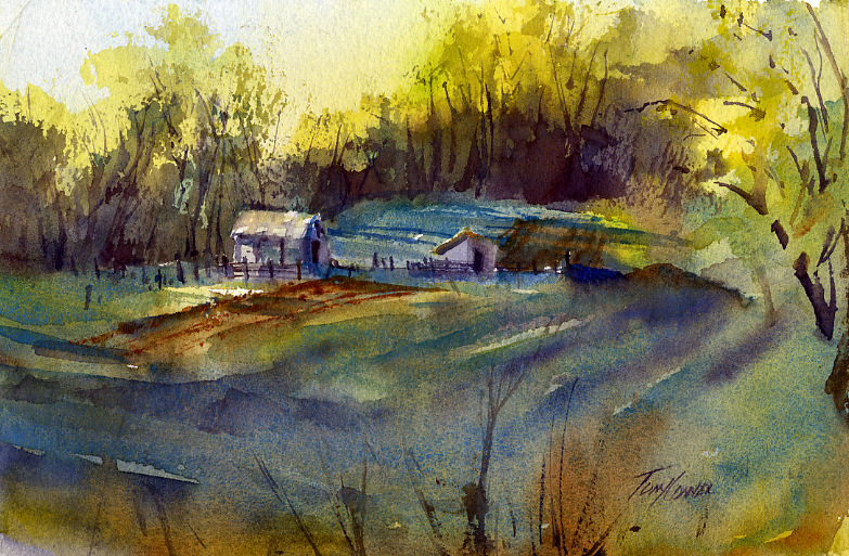 783x513 Small Farm, Early Original Watercolor Landscape