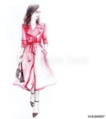 449x500 Woman In Coat. Street Fashion Style. Hand Drawing Illustration