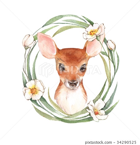 450x468 Baby Deer And Flowers. Cute Fawn. Watercolor