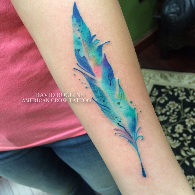 640x640 Blue Watercolor Feather Arm Tattoo Best Tattoo Ideas Gallery