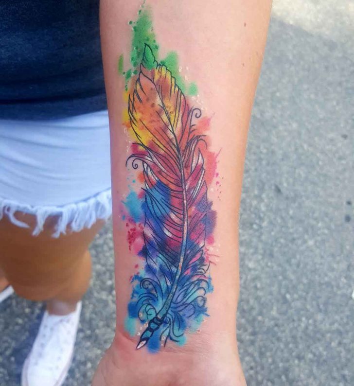 728x794 Watercolor Feather Tattoo On Arm Best Tattoo Ideas Gallery