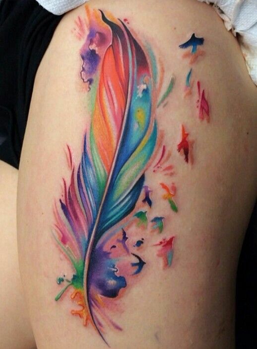 518x702 Watercolor Feather Tattoo And Flying Flock Tattoos