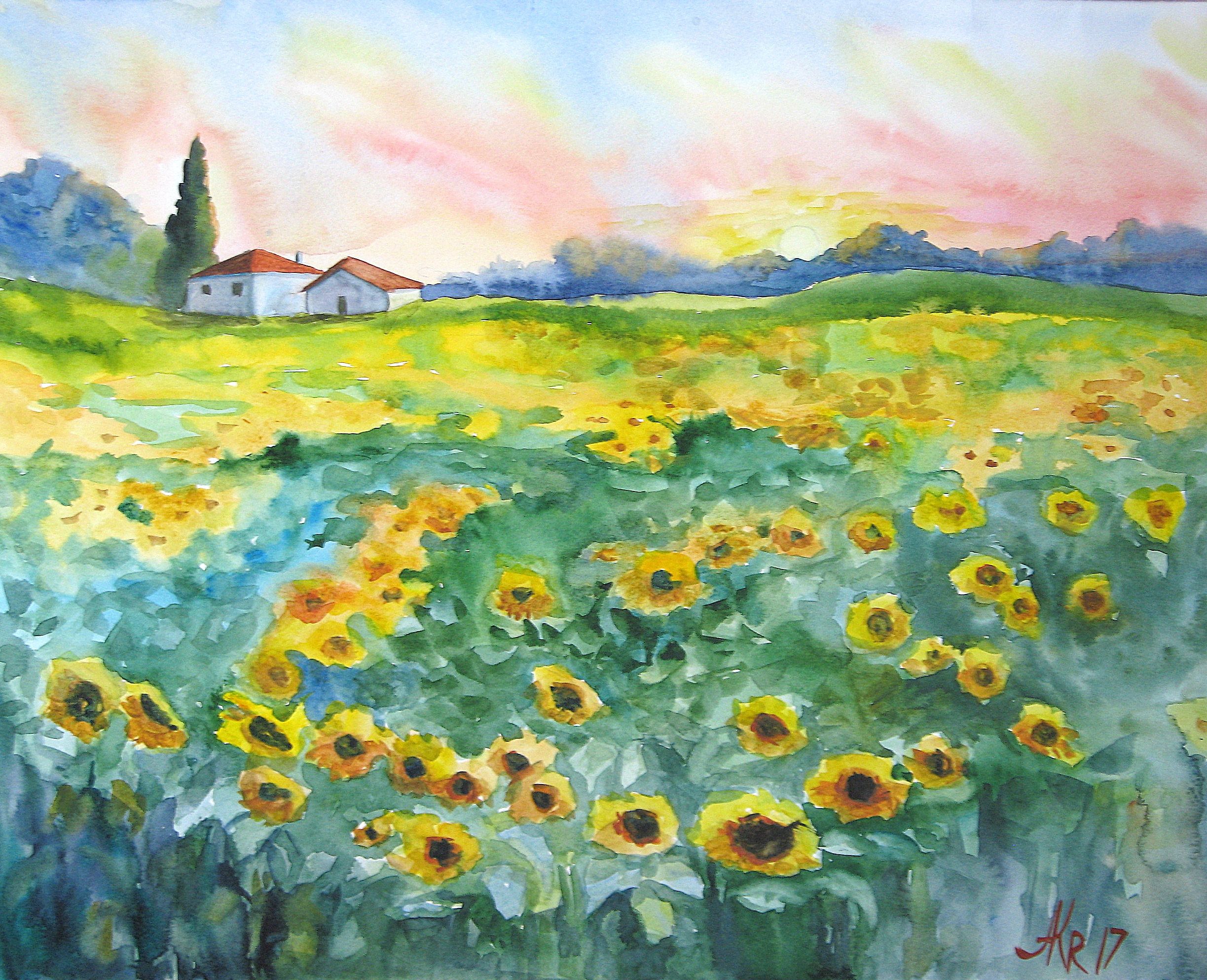 2447x1986 Yellow Sunflowers Original Landscape Watercolor Sunflowers