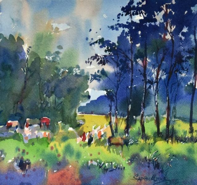 639x600 Grass Field Watercolor Painting