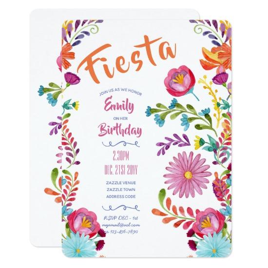 550x550 Fun Fiesta Birthday Watercolor Folk Flower Invite Candied Clouds