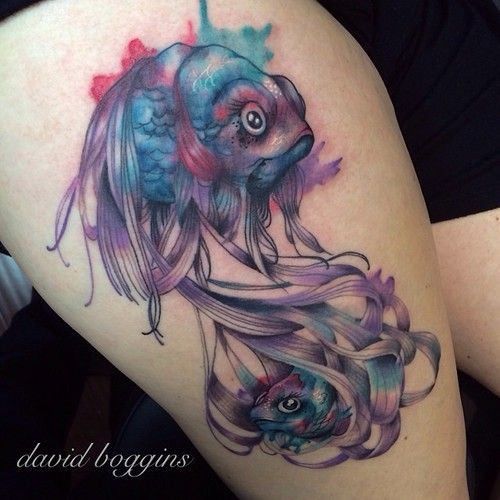 500x500 Purple Fish Watercolor Tattoo On Leg Tattoo Inspiration