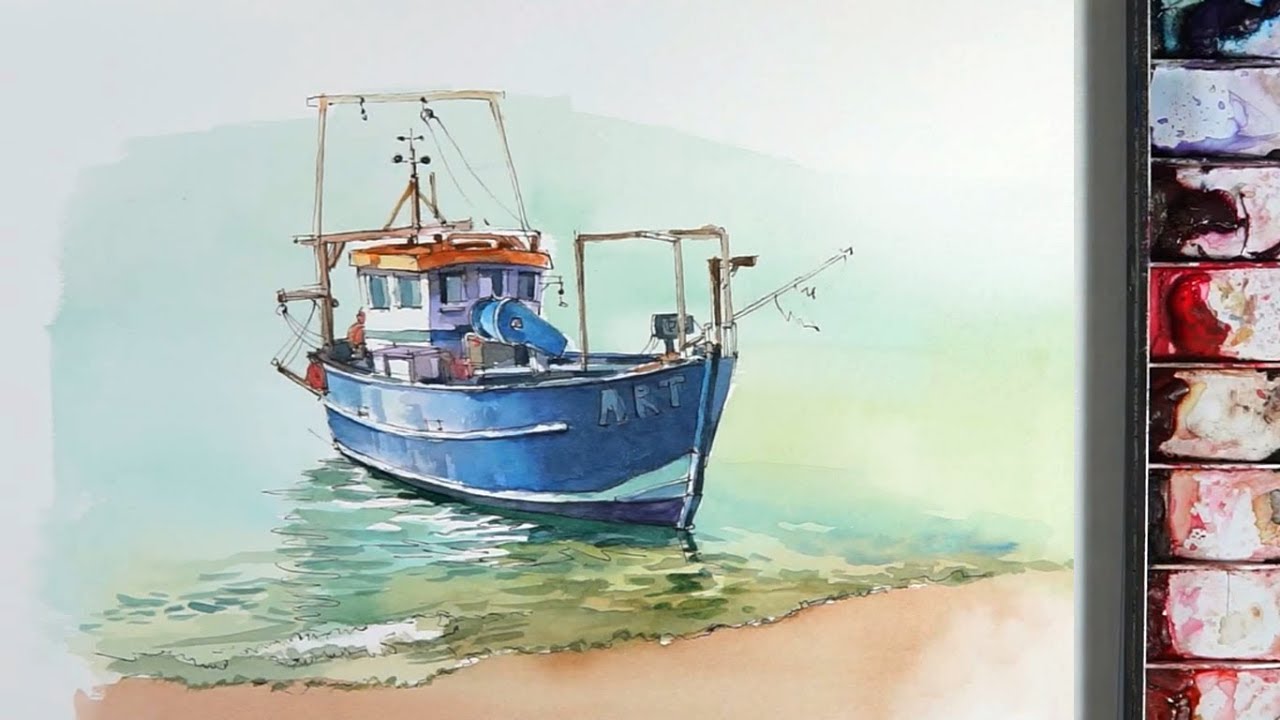 1280x720 Line And Wash Watercolor A Small Fishing Boat Near The Beach