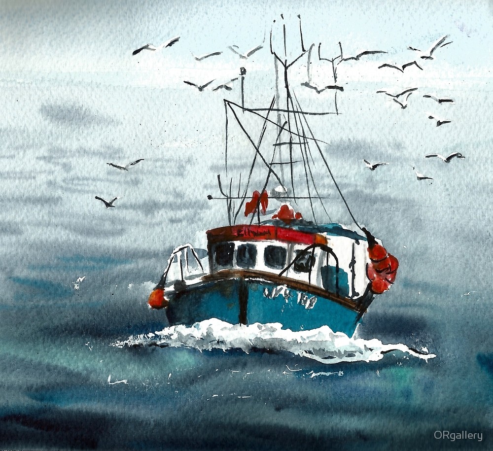 1000x915 Sea Sail Fishing Boat Watercolor Design Travel By Orgallery