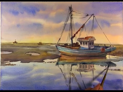 480x360 Watercolor Painting Fishing Boats On Sea