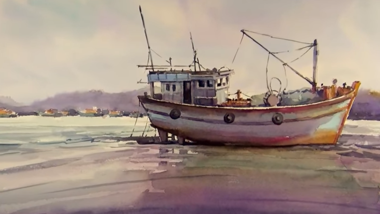 1277x718 Watercolor Painting Fishing Boat On The Beach