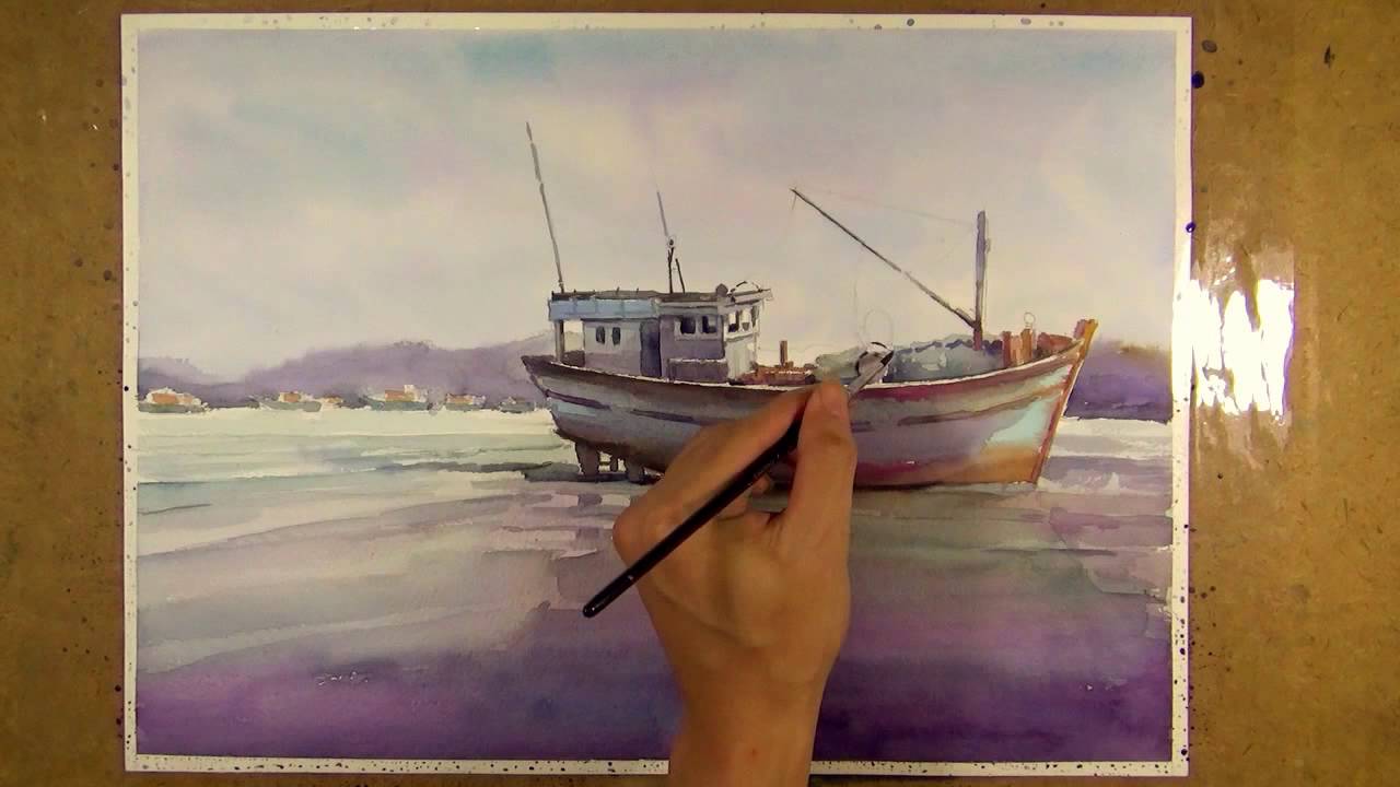 1280x720 Watercolor Painting Fishing Boat On The Beach
