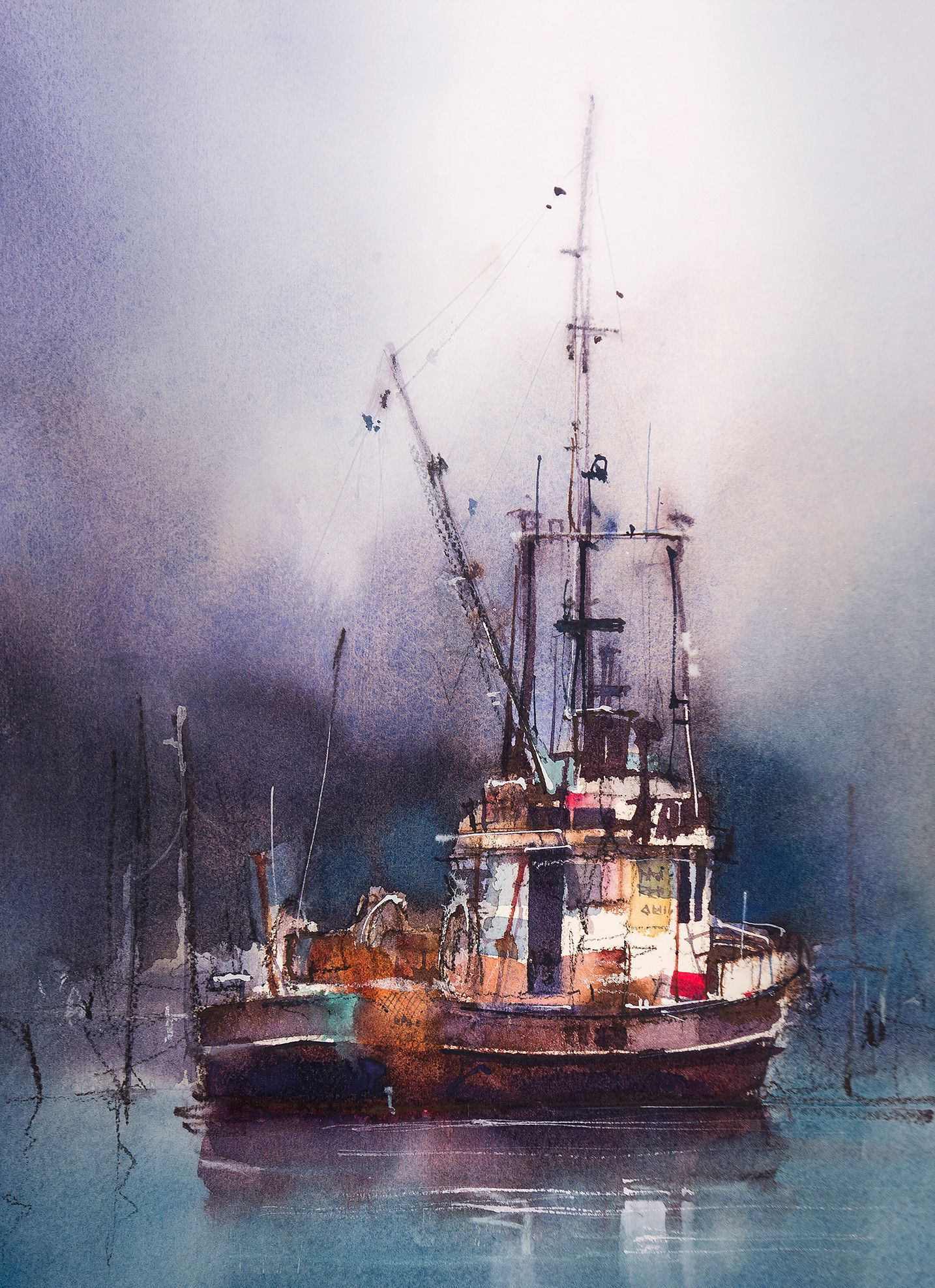 1434x1974 Watercolor Painting Of Moored Fishing Boat Showing Contrasting