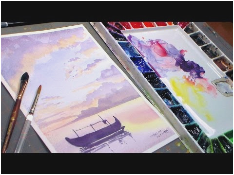 480x360 Watercolour Painting Tutorial Cute Fishing Boat Watercolor Sunset