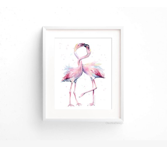 570x503 Two Flamingos Art Print Pink Flamingo Watercolor Art Flamingo Etsy