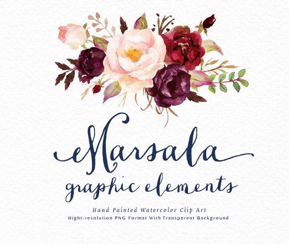 570x480 Watercolor Floral Clip Art Marsala Graphic Elementsindividual Etsy