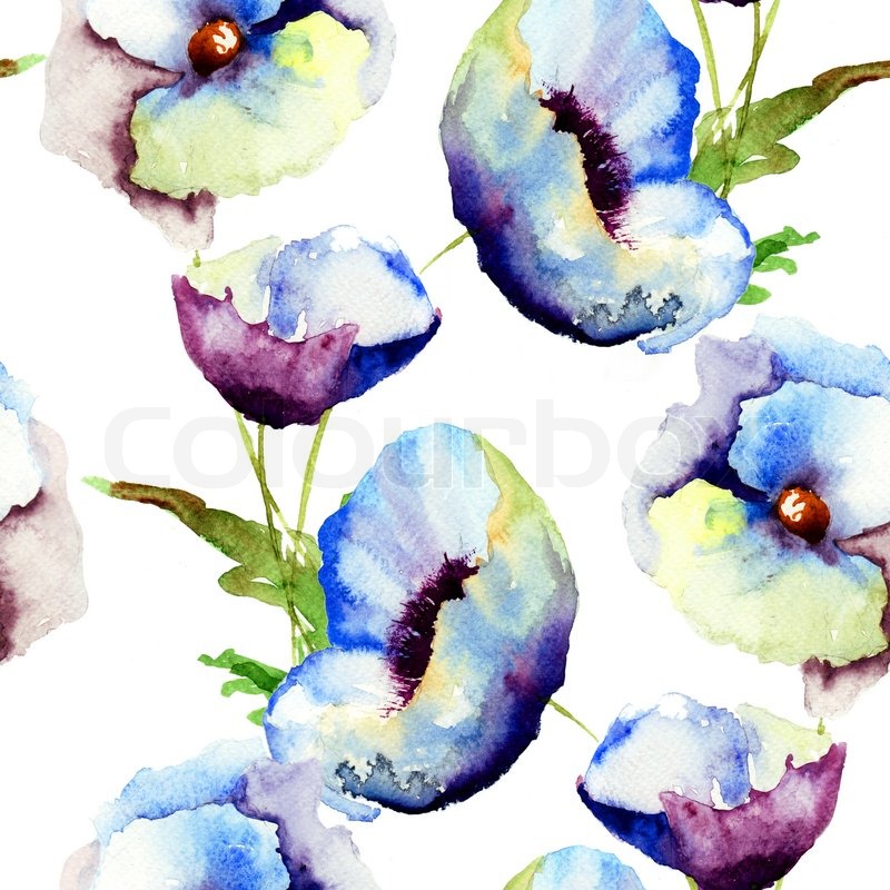 800x800 Seamless Pattern With Beautiful Blue Flowers, Watercolor Painting
