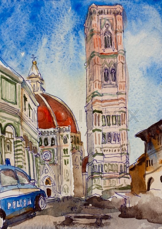 565x800 Florence Duomo Watercolor Postcard Painting, Italy Architectural