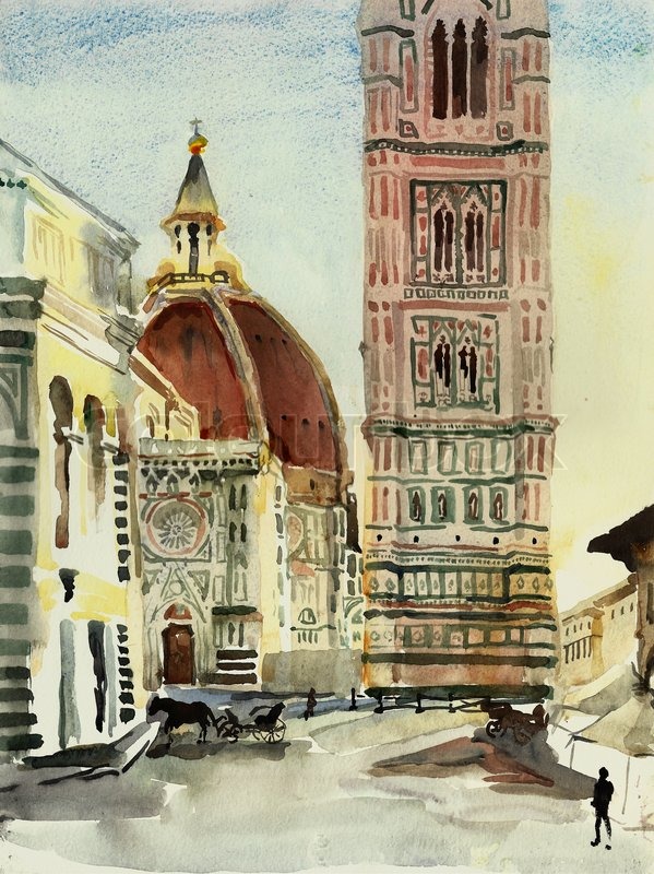 599x800 Watercolor Painting Of Santa Maria Della Fiore In Florence, Italy