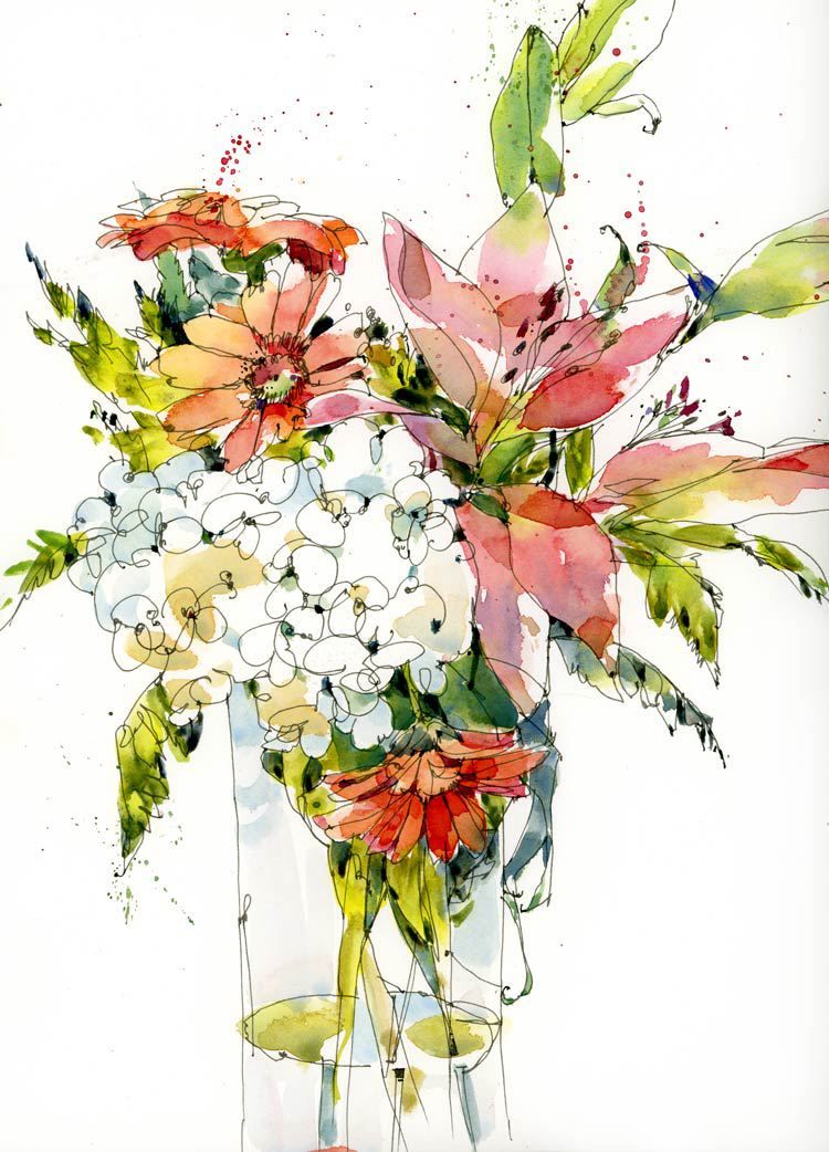 750x1042 April Bouquet In Pen And Watercolour Watercolors