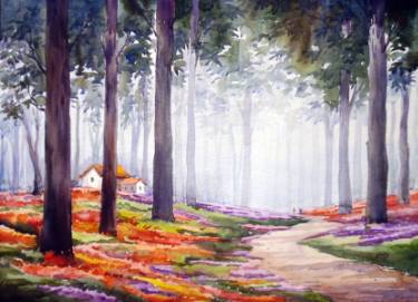 375x271 Flower Garden Inside A Forest Watercolor On Paper Painting