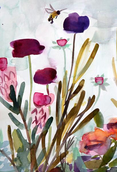 409x600 Flower Garden With Bee Original Watercolor Painting By Angela