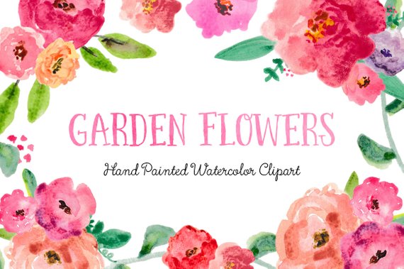 570x379 Garden Flowers Hand Painted Watercolor Clipart Clip Art Etsy