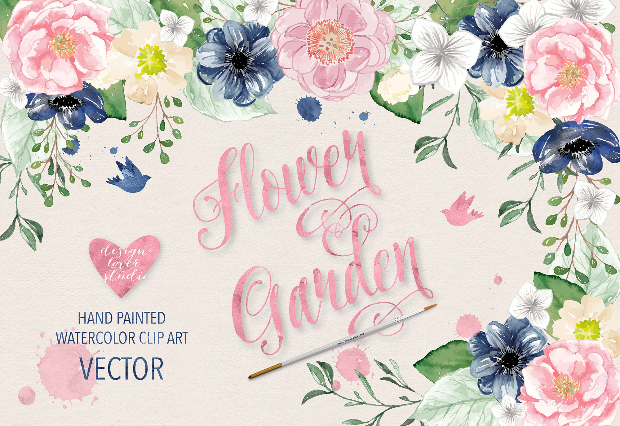 2000x1375 Vector Watercolor Navy Blue And Pink Flower Garden Clipart