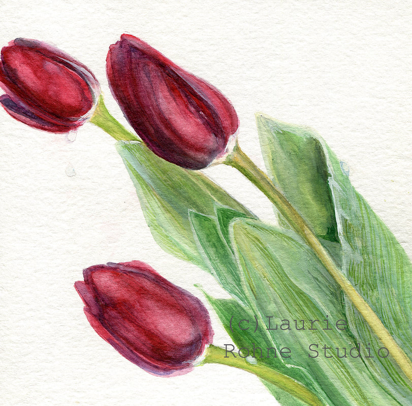 811x800 Burgundy Tulips Floral Watercolor Original Flower Painting