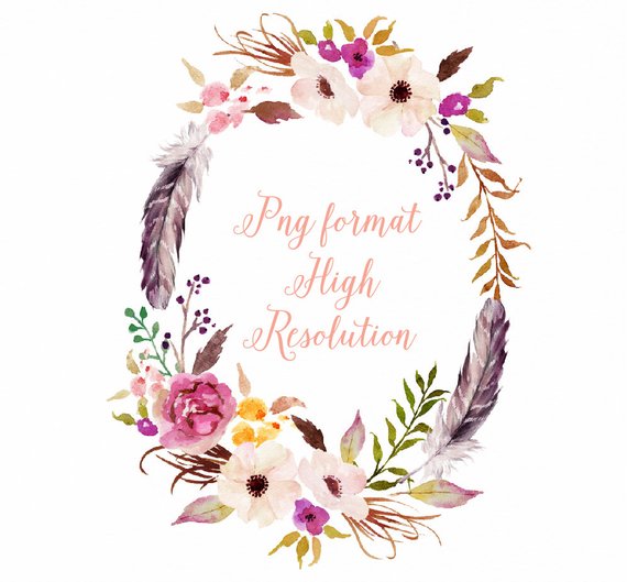 570x529 Watercolour Flower Wreath With Feather Individual Png Files Etsy