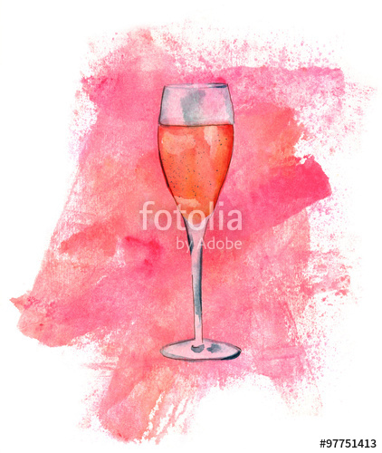 422x500 Watercolor Flute Glass Of Sparkling Rose Wine With Texture Stock