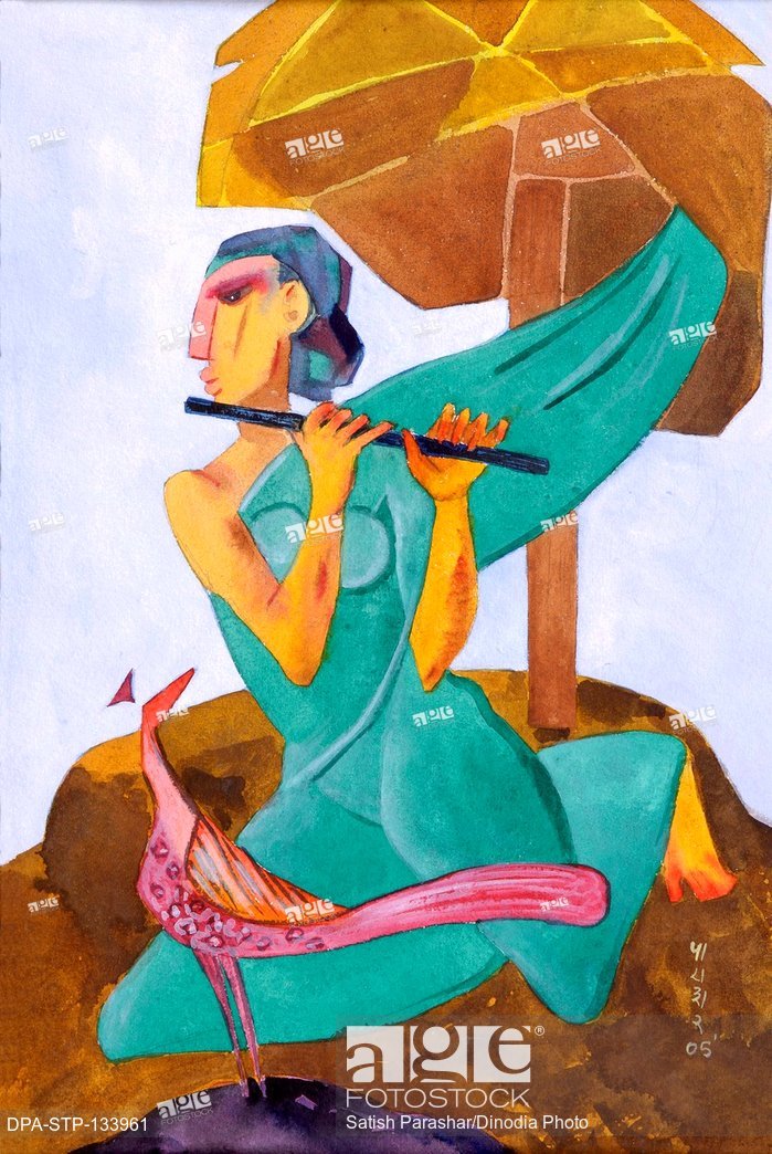 699x1044 Woman Playing Flute Watercolor On Handmade Paper, Stock Photo